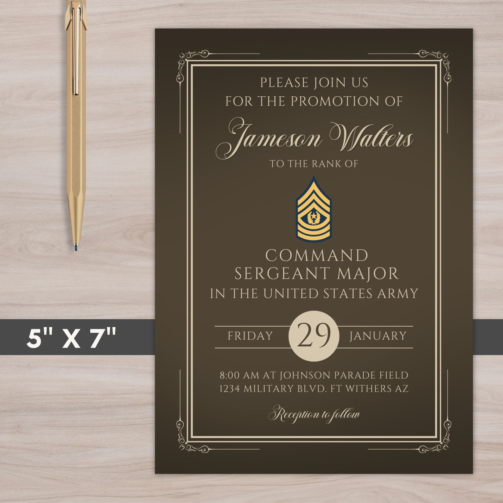 Vintage and elegant service dress colored Invitation card for a military promotion ceremony with a pen on a wooden surface