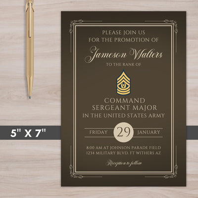 Vintage and elegant service dress colored Invitation card for a military promotion ceremony with a pen on a wooden surface