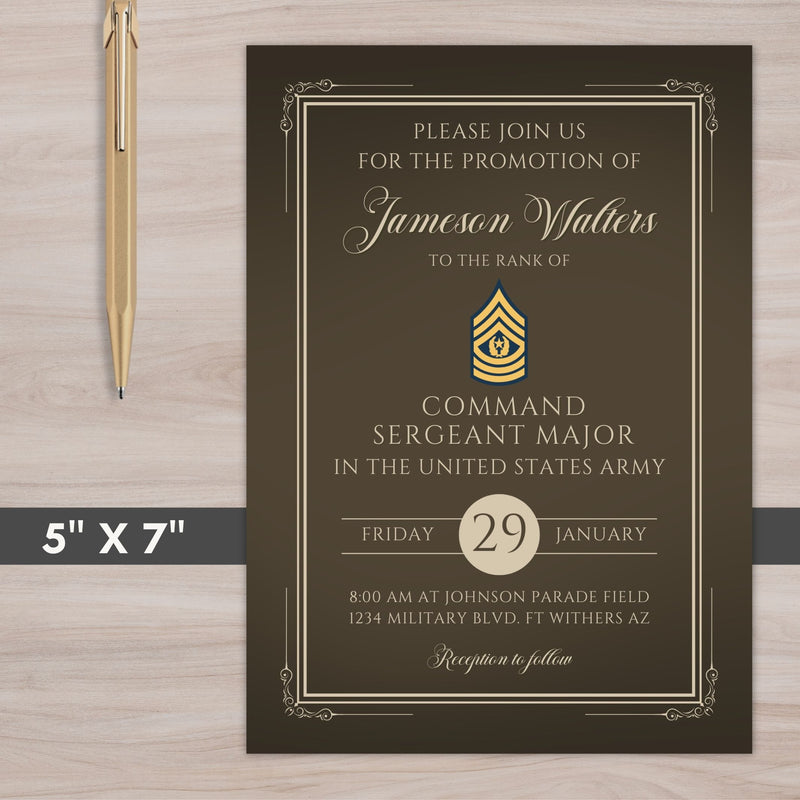 Vintage and elegant service dress colored Invitation card for a military promotion ceremony with a pen on a wooden surface