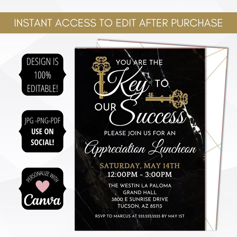 you are the key to our success thank you appreciation luncheon brunch dinner invitation editable template printable