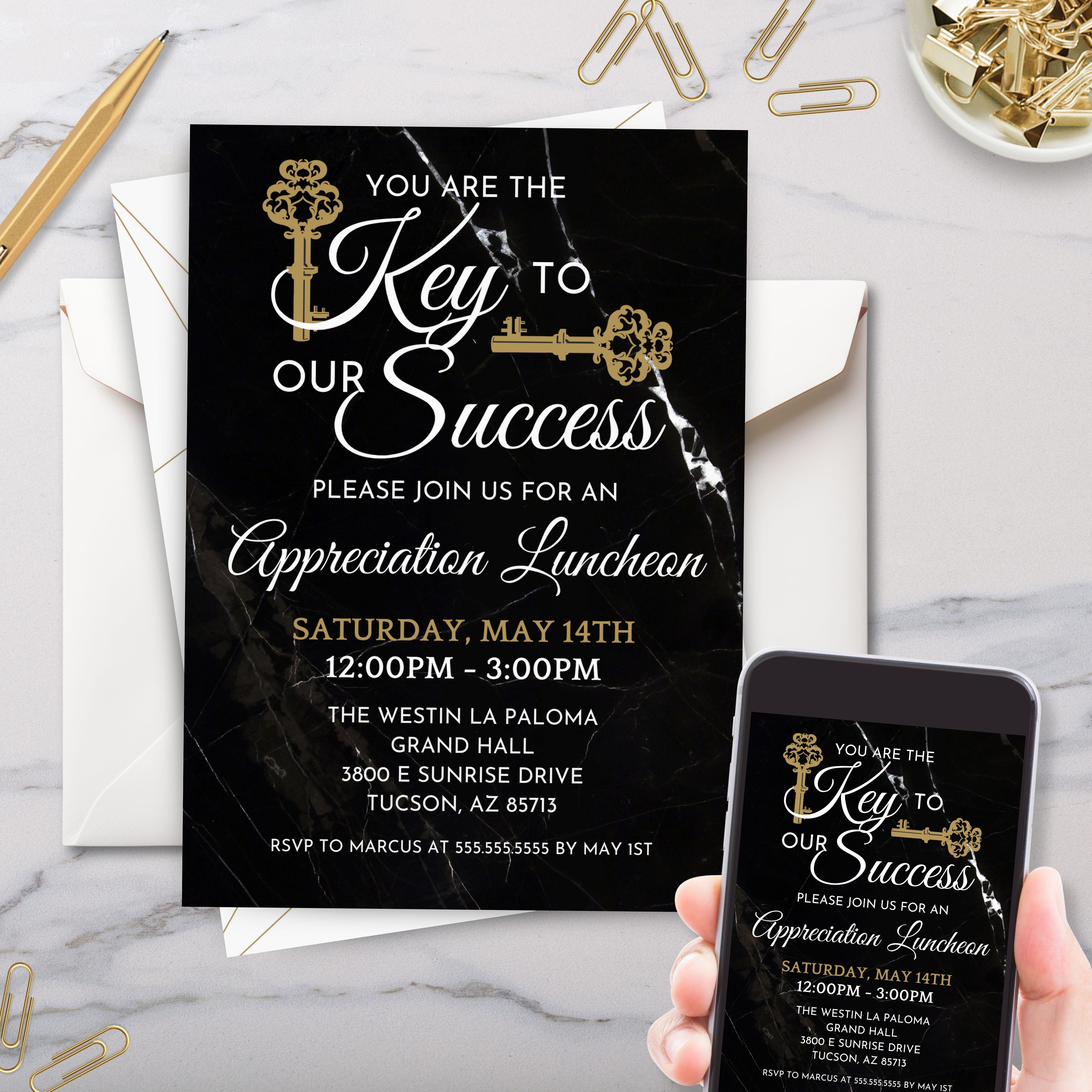 elegant key to our success black and gold appreciation event invitations
