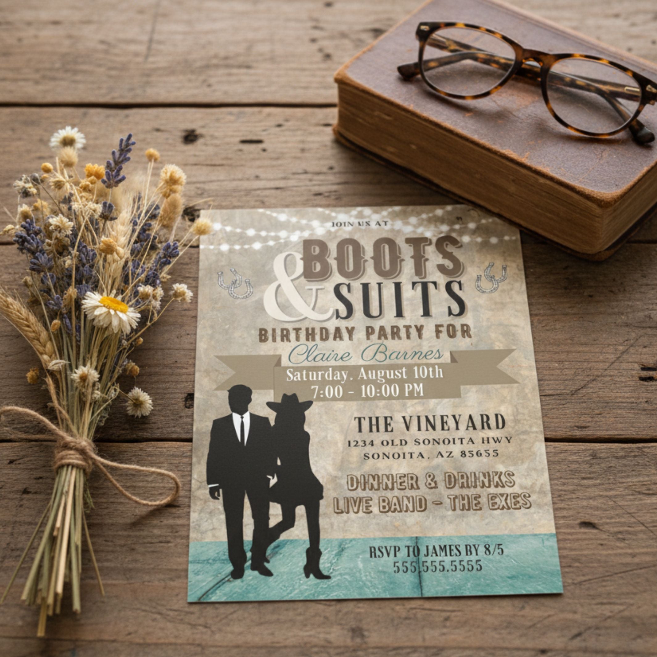 rustic western boots and suits birthday party invitation template edited by a client and printed on a desk with dried flowers