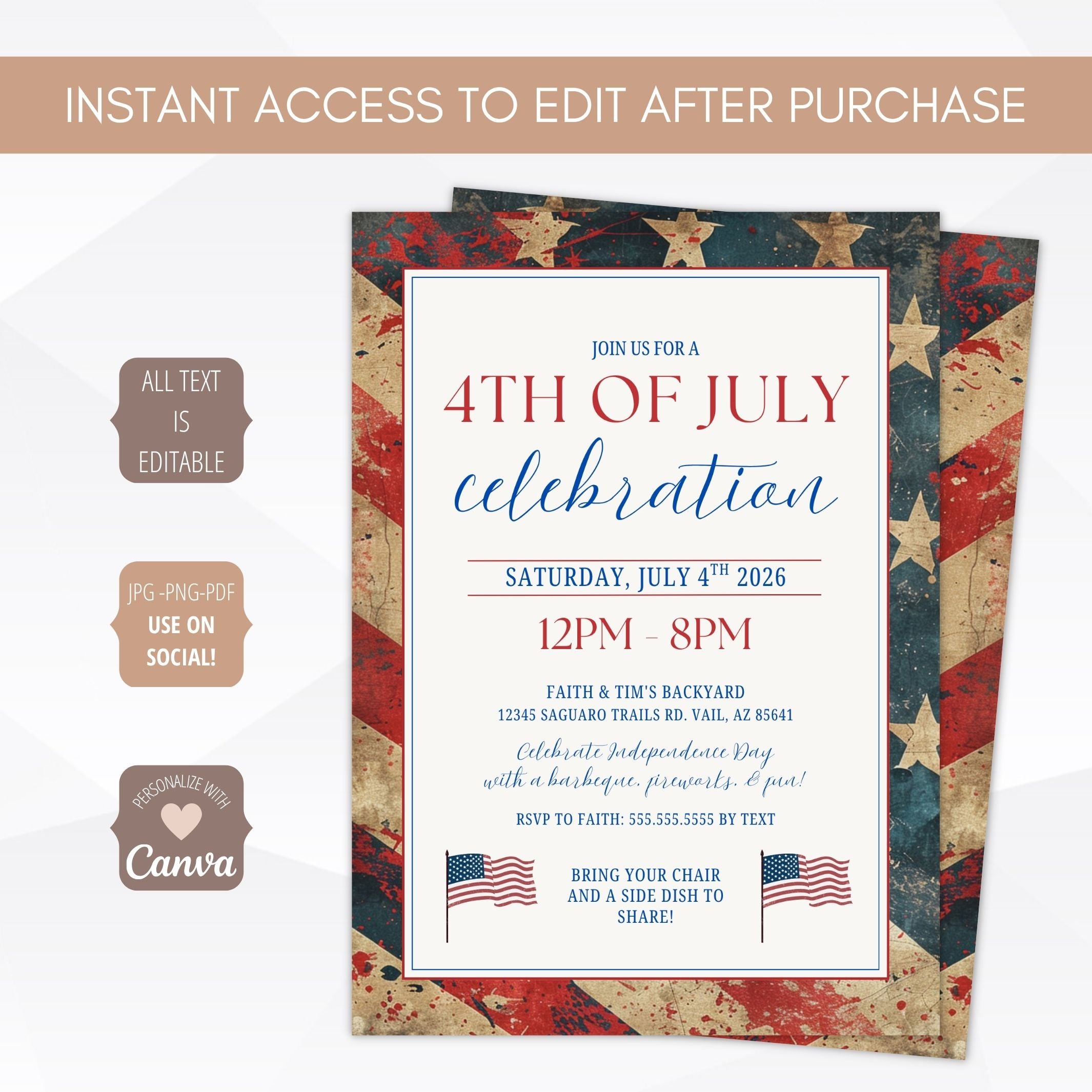 4th of July celebration invitation with American flag design on a white background
