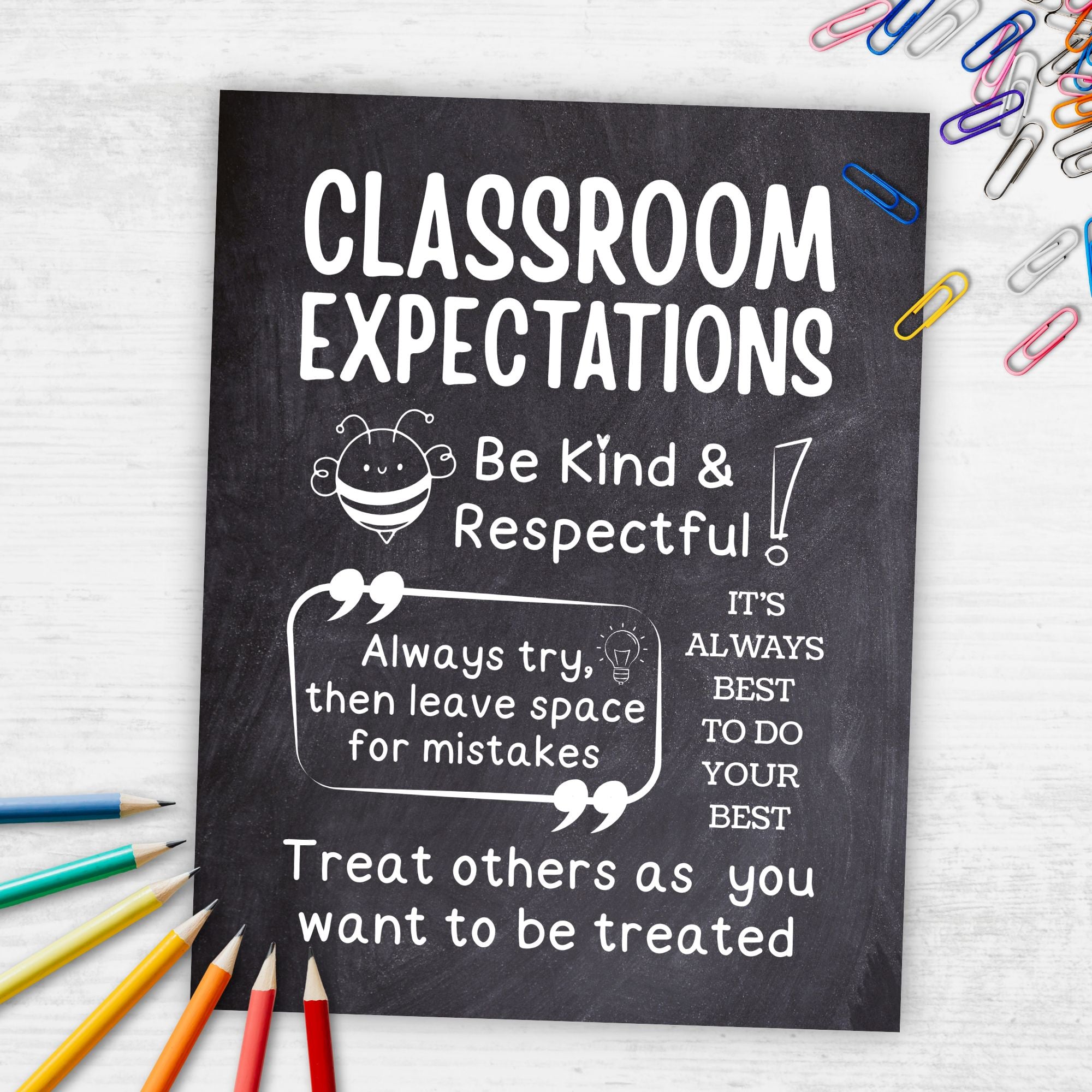 classroom expectations sign with chalkboard background and character related rules for respect and learning printed on white surface with colored pencils and paperclips