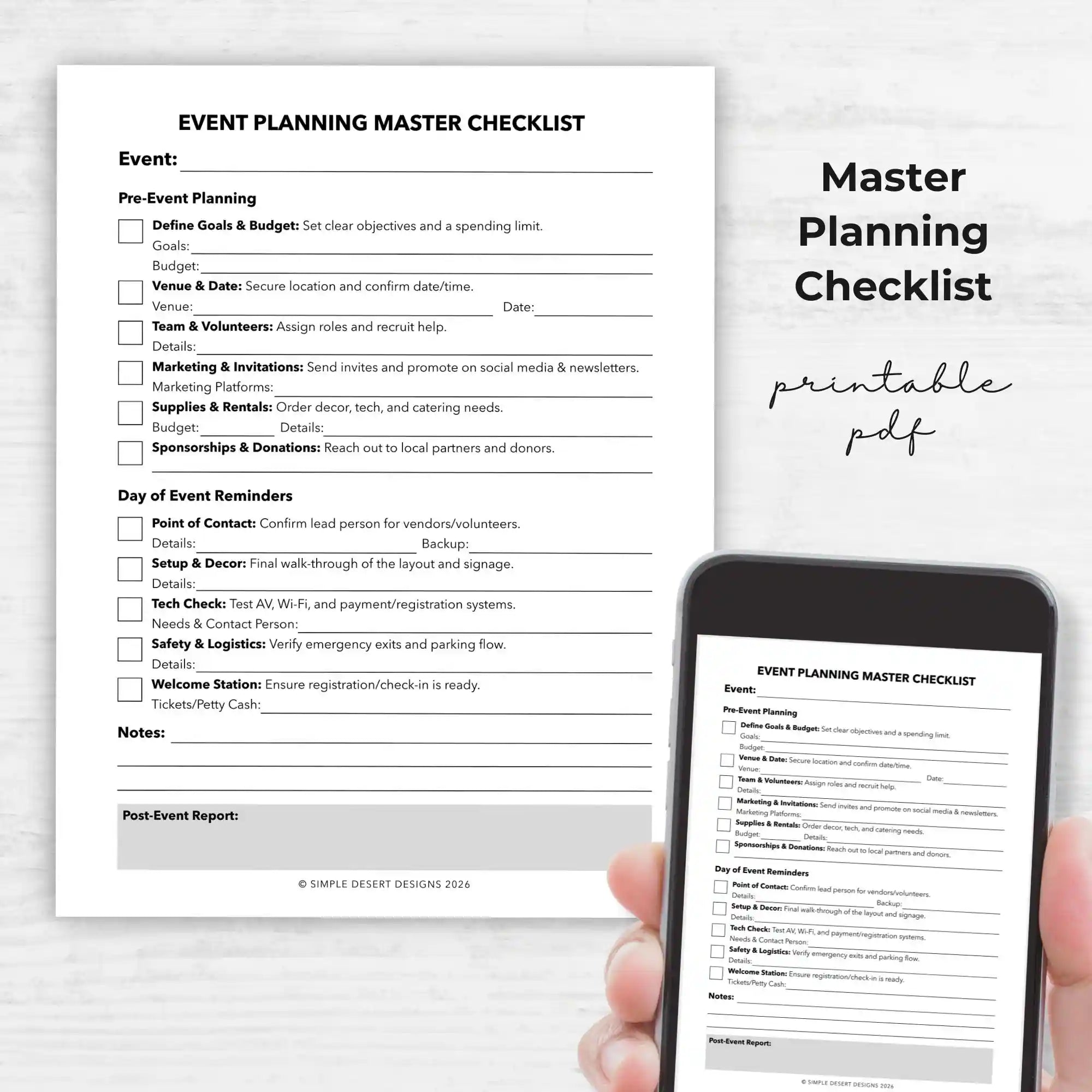 Free Event Planning Master Checklist with smartphone displaying the checklist on a light gray background for event planners, party hosts, small businesses, and fundraiser coordinators by Simple Desert Designs.