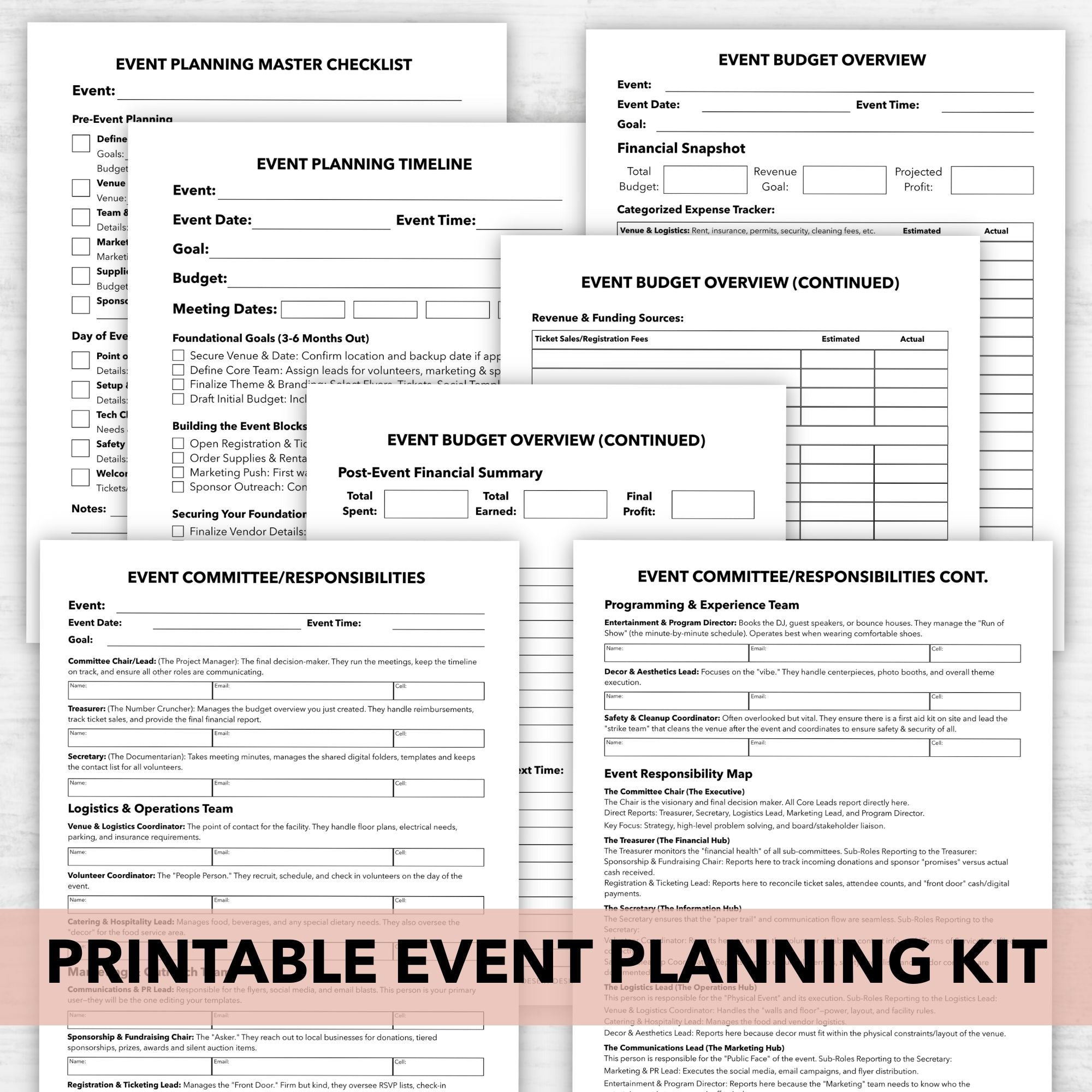 Printable event planning checklist and budget overview forms on a white background.