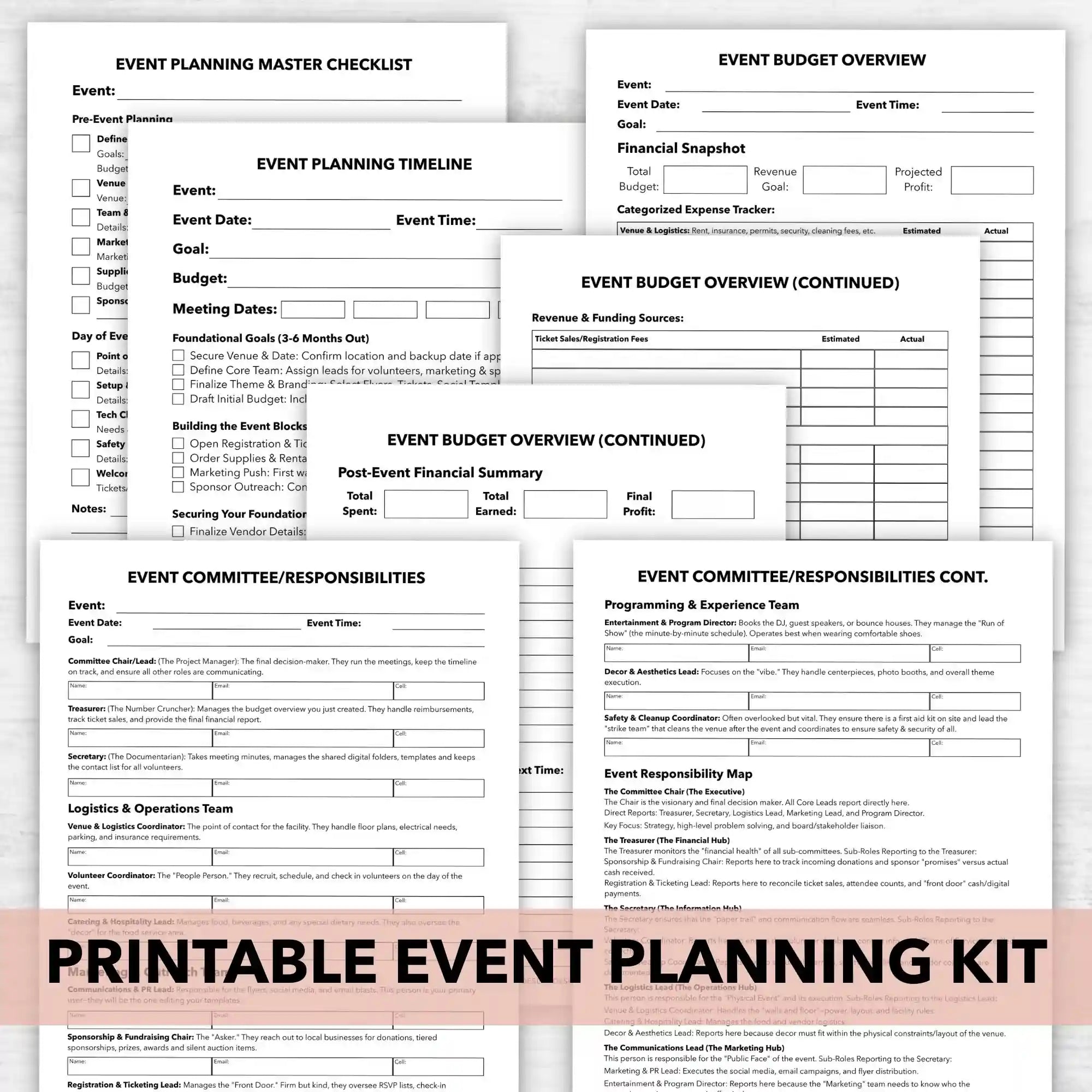 Printable event planning checklist and budget overview forms on a white background offered as a free printable download for school PTOs, event planners, party hosts, small businesses, and fundraising coordinators by Simple Desert Designs.