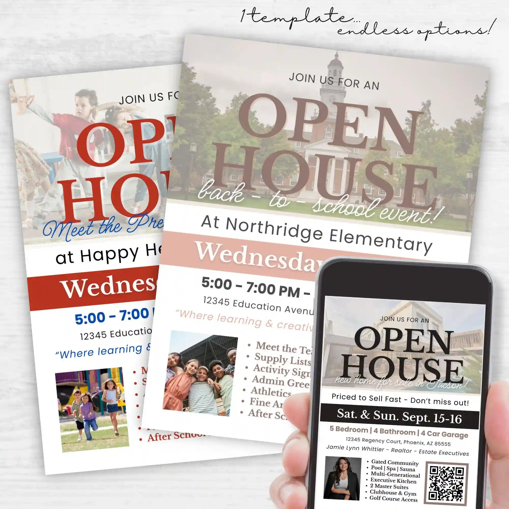 Image of free open house event flyers and a phone displaying an open house flyer representing a free editable template for schools, real estate agents and small businesses by Simple Desert Designs.