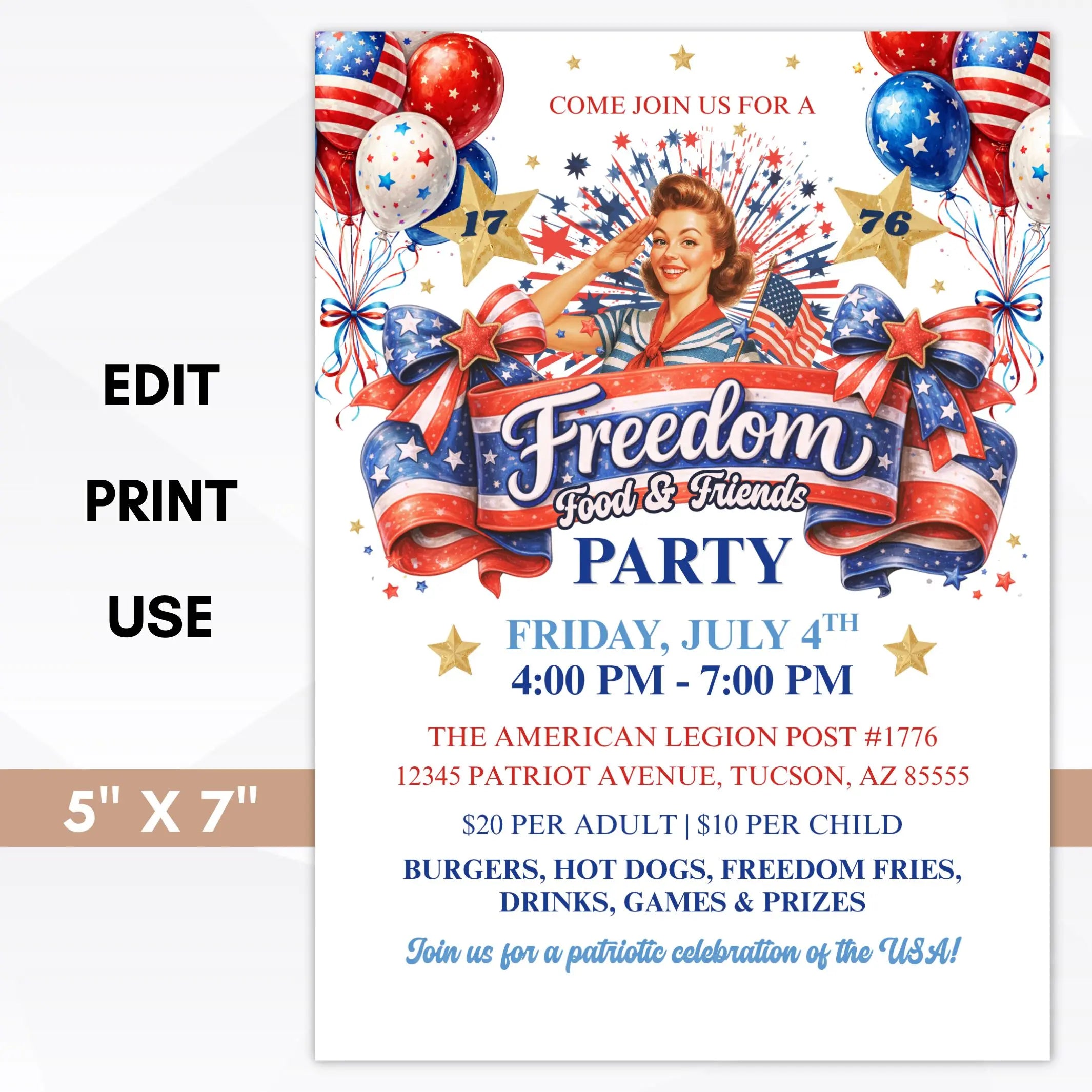 Promotional flyer for a 'Freedom Food & Friends Party' on July 4th with patriotic design elements.