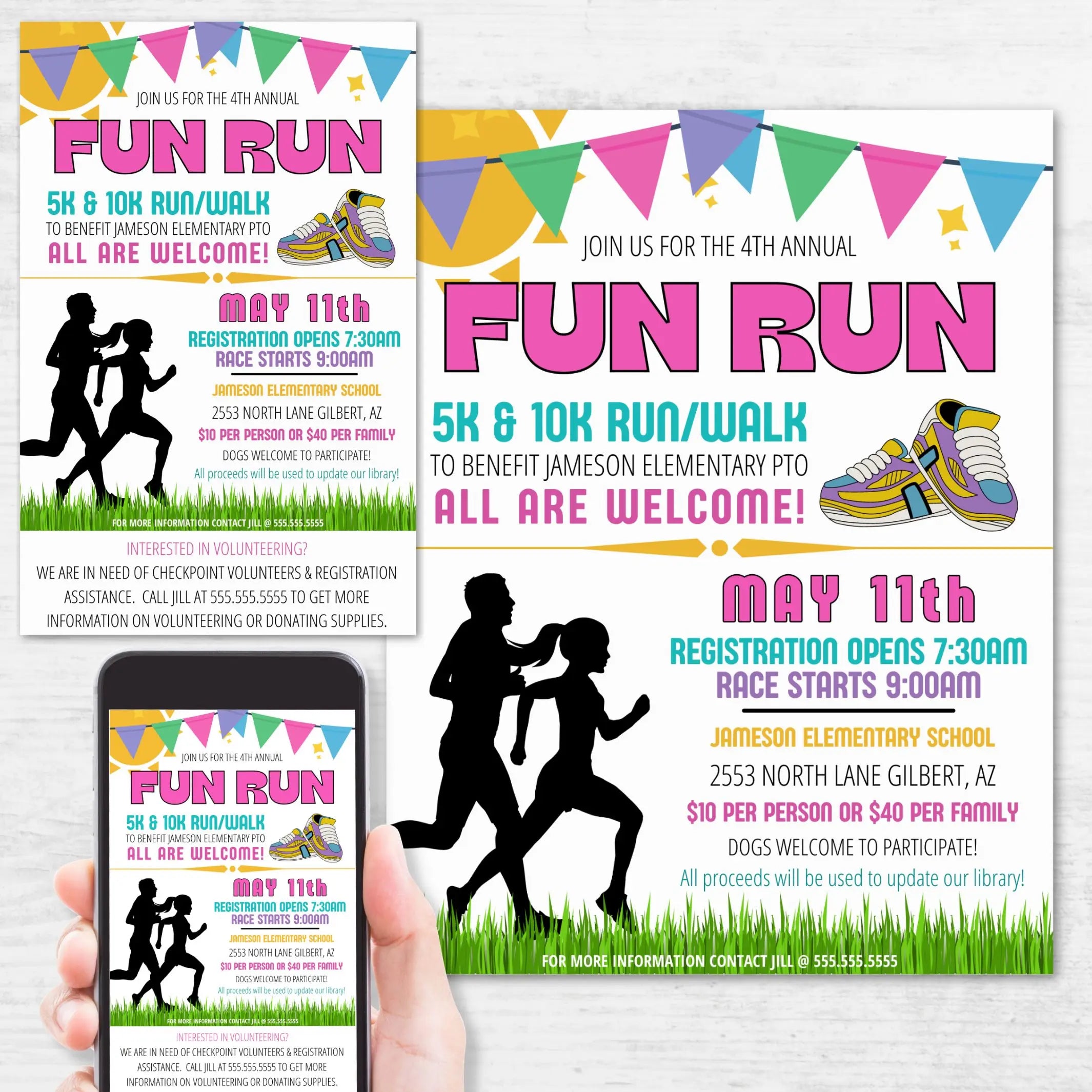 Colorful fun run flyers on a light wood surface with the flyer requesting volunteers on a cell phone representing a fun run editable flyer template.