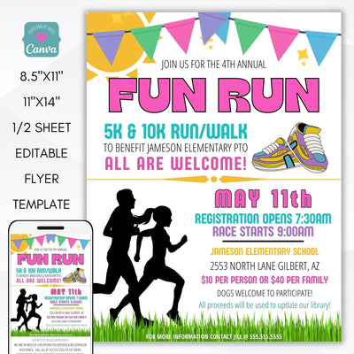 fun color run editable flyer template school community church business neighborhood 5k 10k race invite