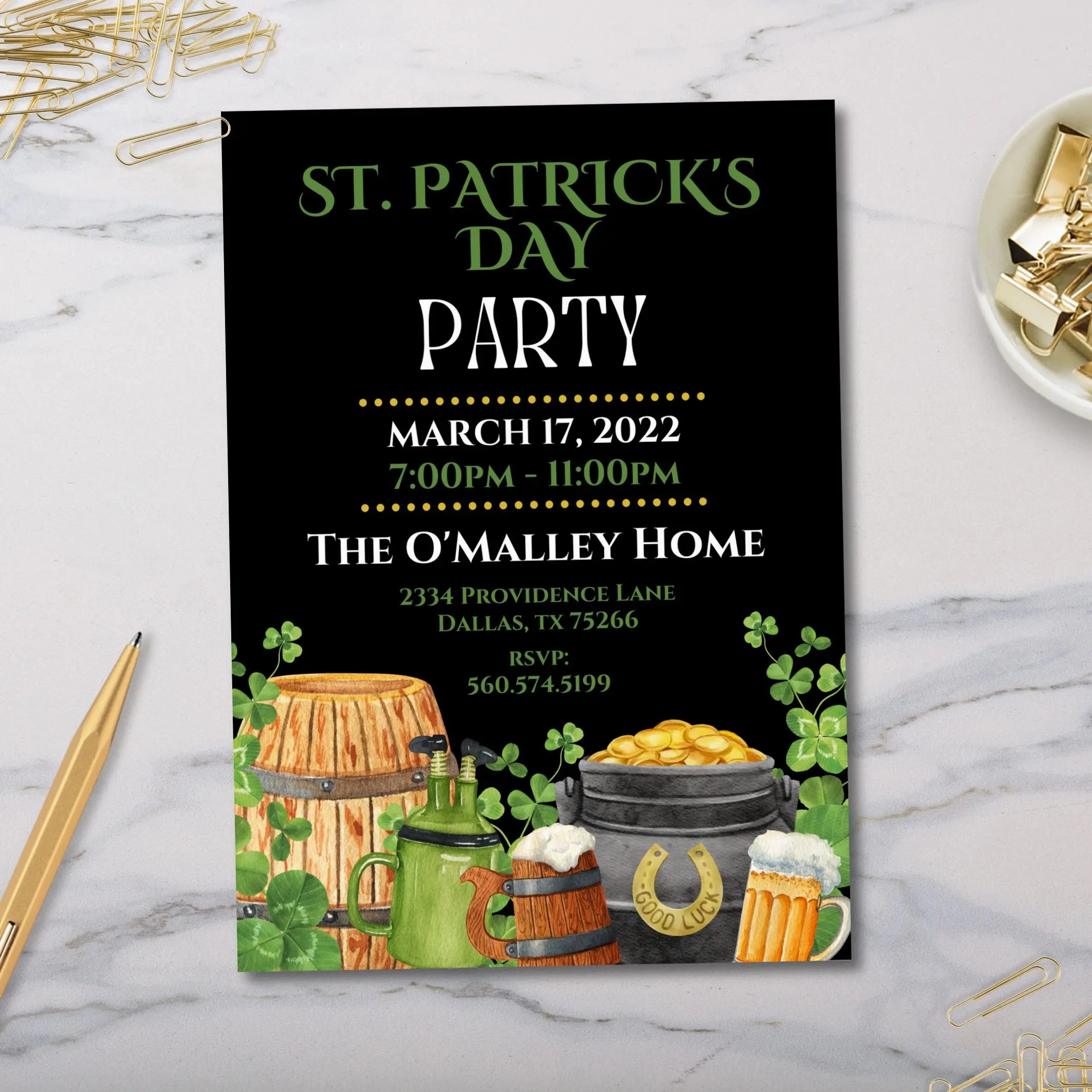 St. Patrick's Day party invitation template customized with Canva on a marble surface with decorative leprechaun, gold coins, and beer elements.