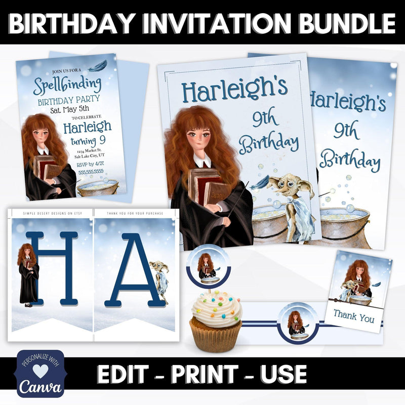 cute pre-teen girl witch theme birthday party with fun elf and cauldon in shades of blue with everything you need to master your editable templates and host a magical party event.