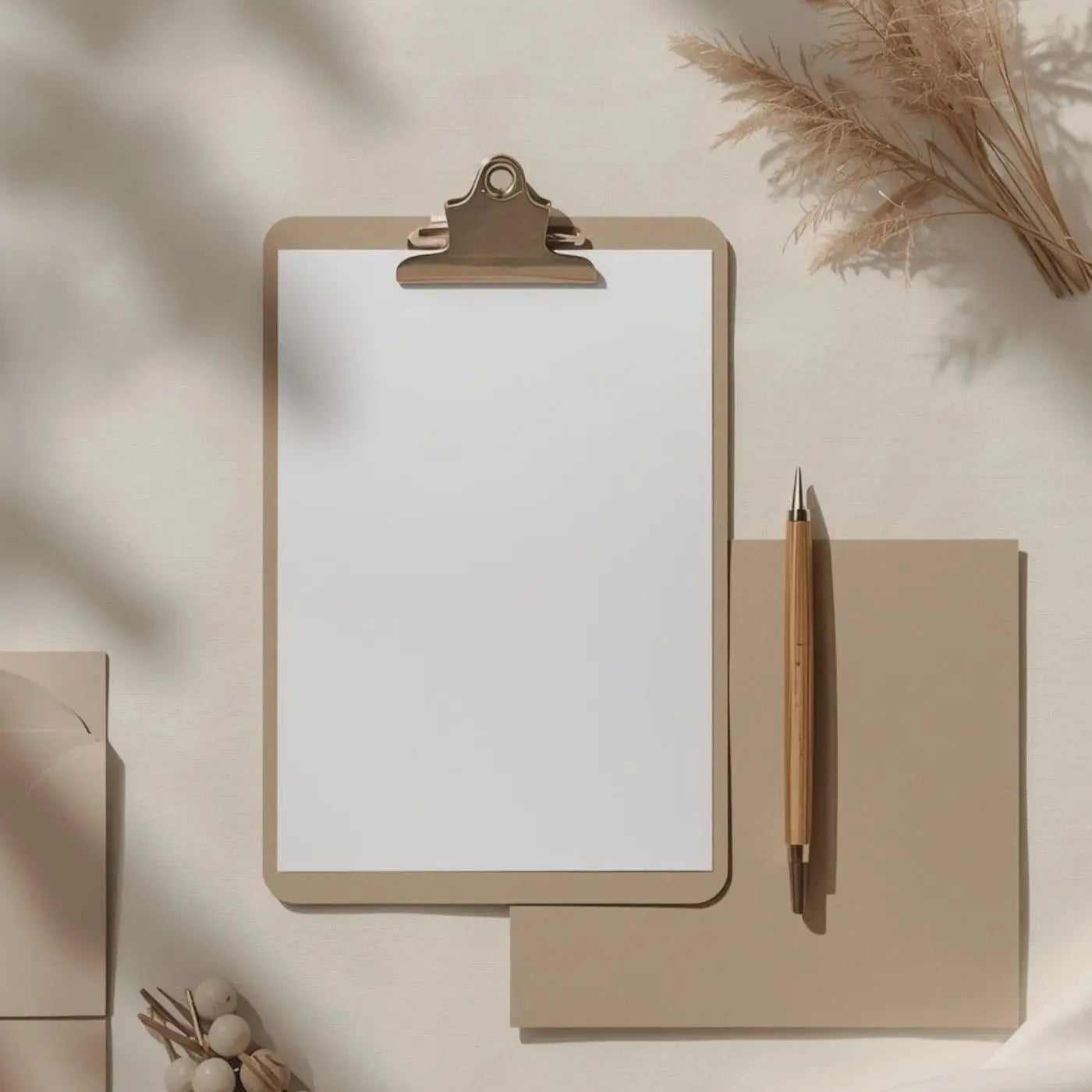 Beige clipboard with blank paper, pen, and notebook on a light background representing fundraiser and charity event templates for schools, churches and nonprofits by Simple Desert Designs.