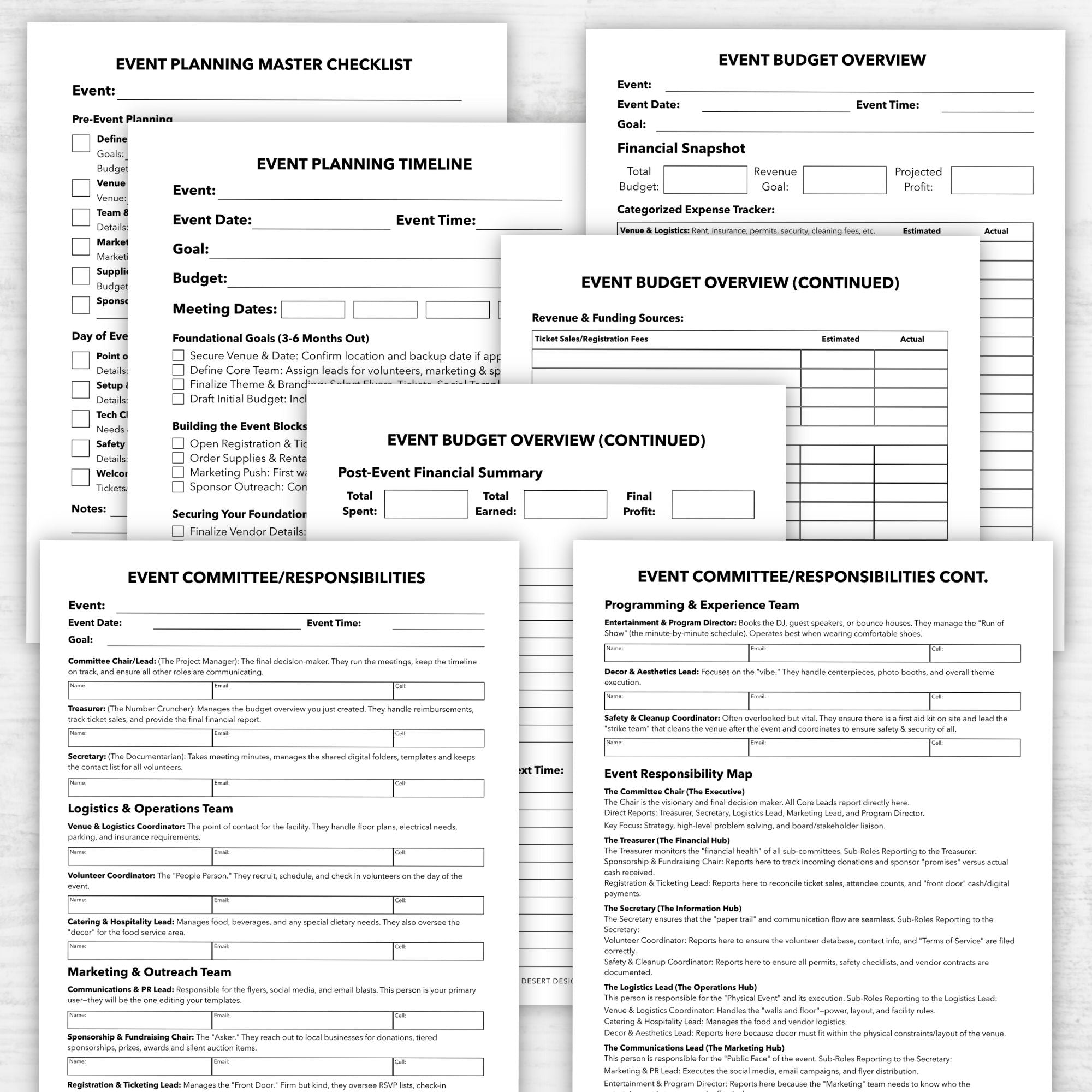 Event planning master checklist and budget overview forms on a white background