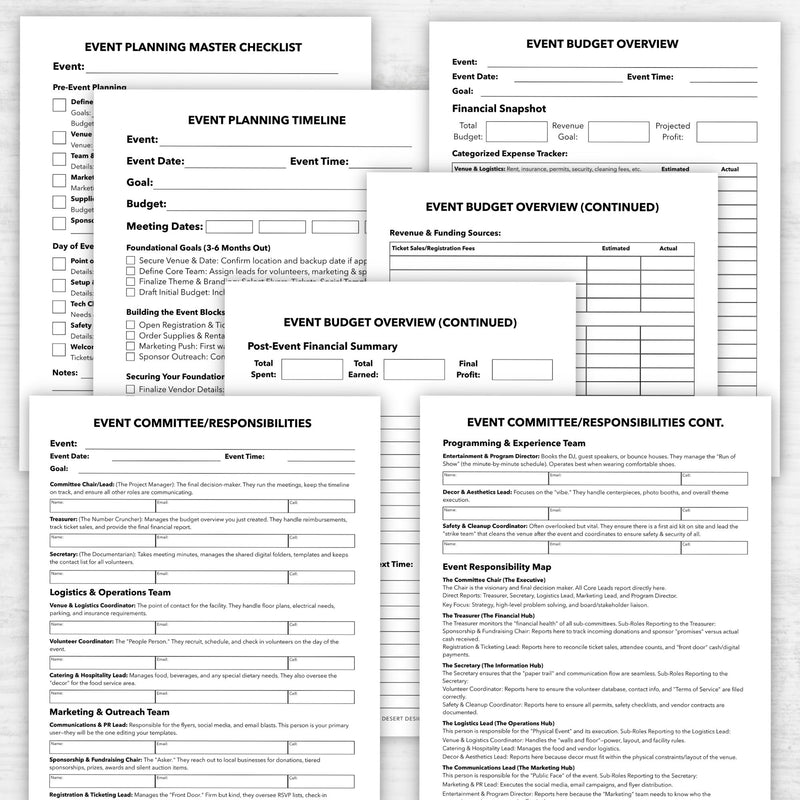Event planning master checklist and budget overview forms on a white background