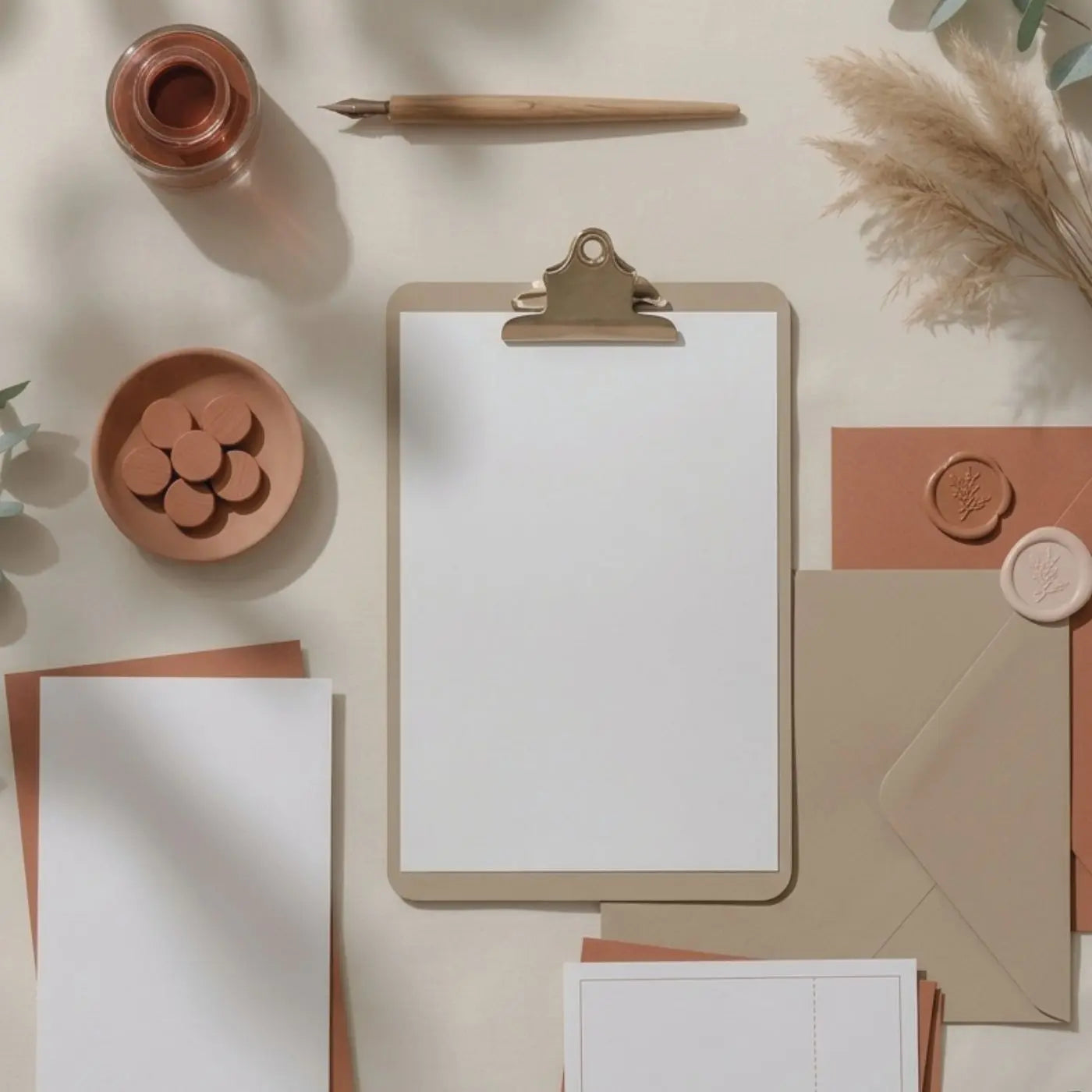 Flat lay of stationery items including a clipboard, pen, and envelopes on a light surface representing a collection of editable fundraiser flyers, invitations, tickets and bundles created by Simple Desert Designs.