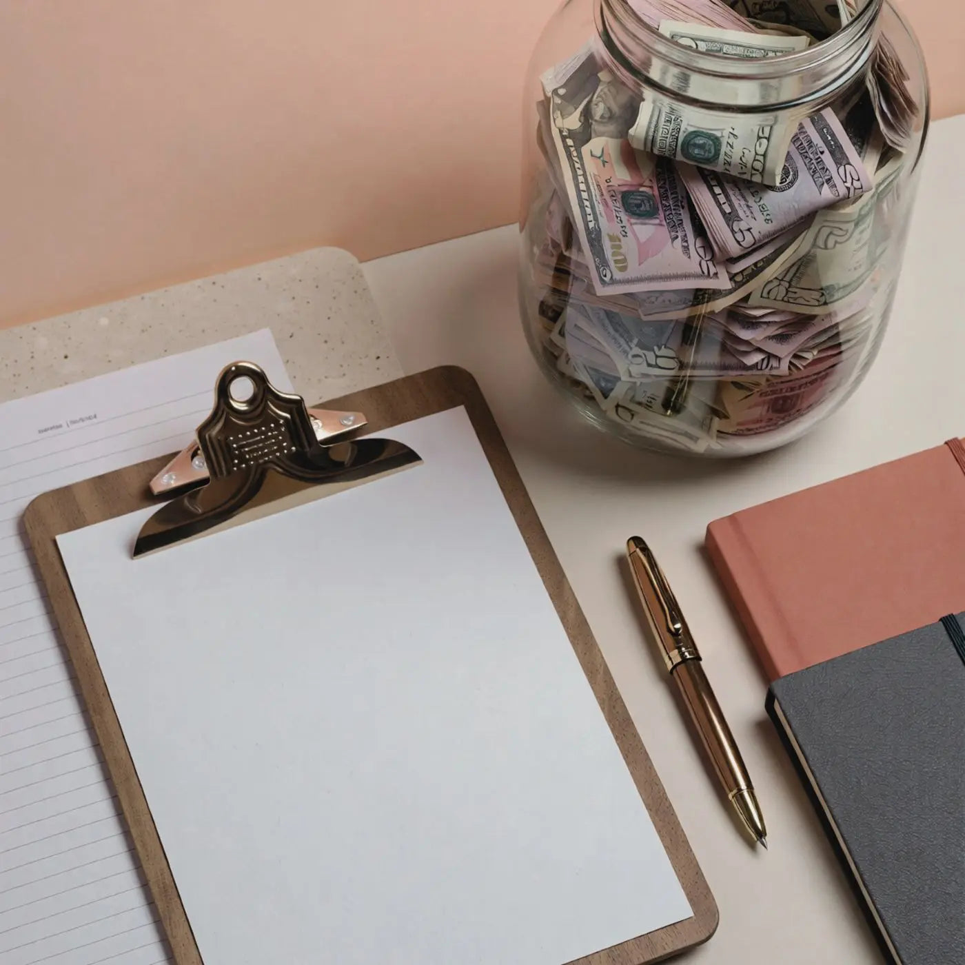 Jar filled with money, clipboard, pen, and notebooks on a light surface representing editable templates for fundraiser events for schools, churches, nonprofits, coaches, and community groups.