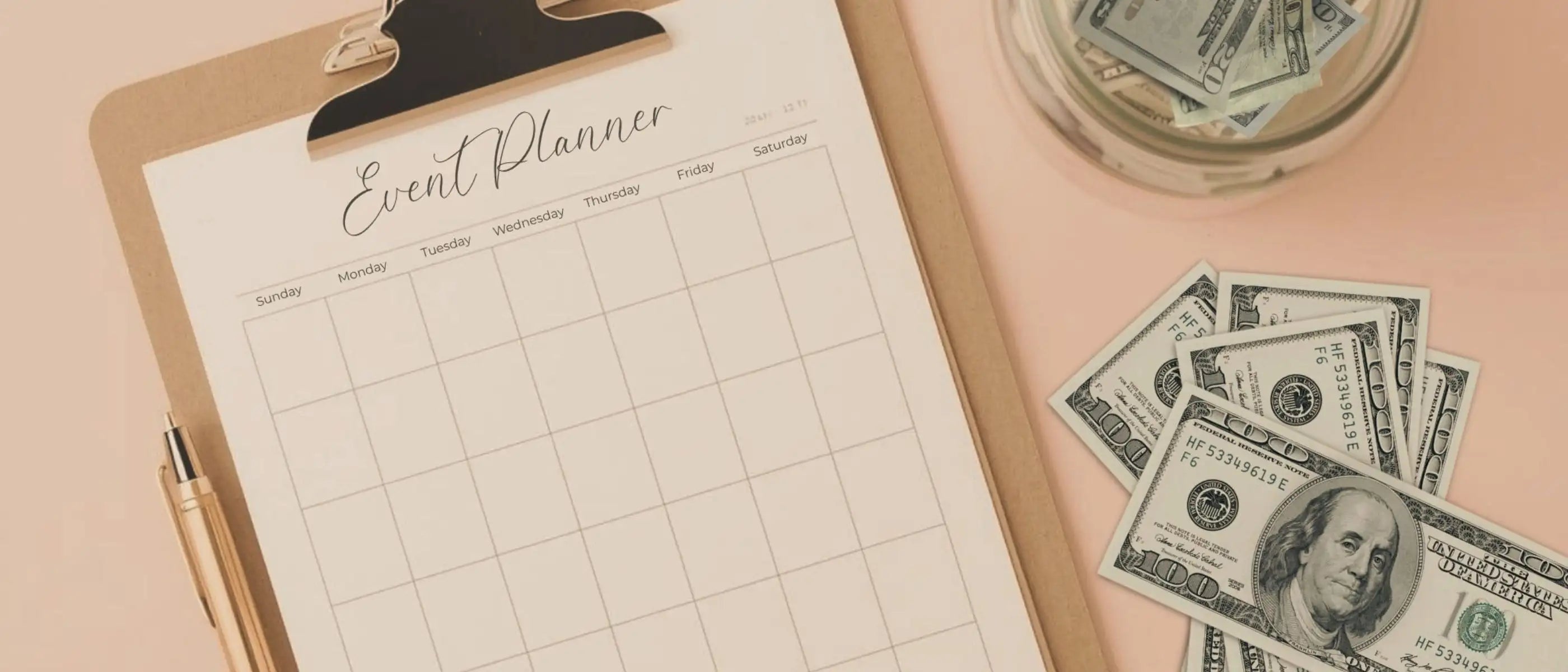 Event planner calendar with cash and a pen on a pink surface representing a collection of editable fundraiser and charity event flyers, invitations and promotional materials for schools, PTOs, churches, and community groups by Simple Desert Designs.