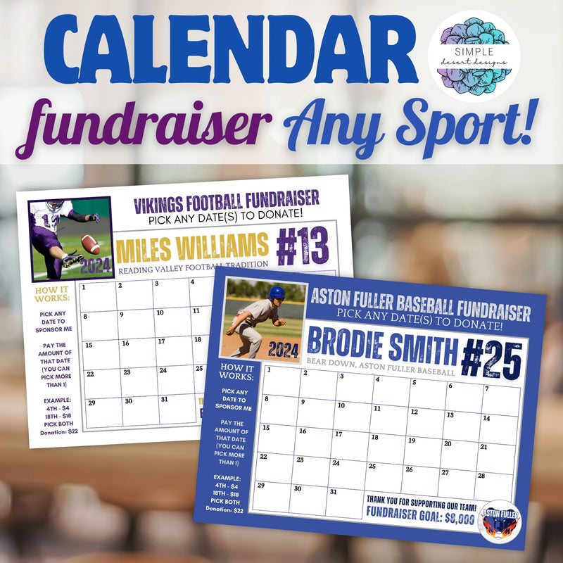 calendar fundraiser for any sport or not profit organization with photo and logo space