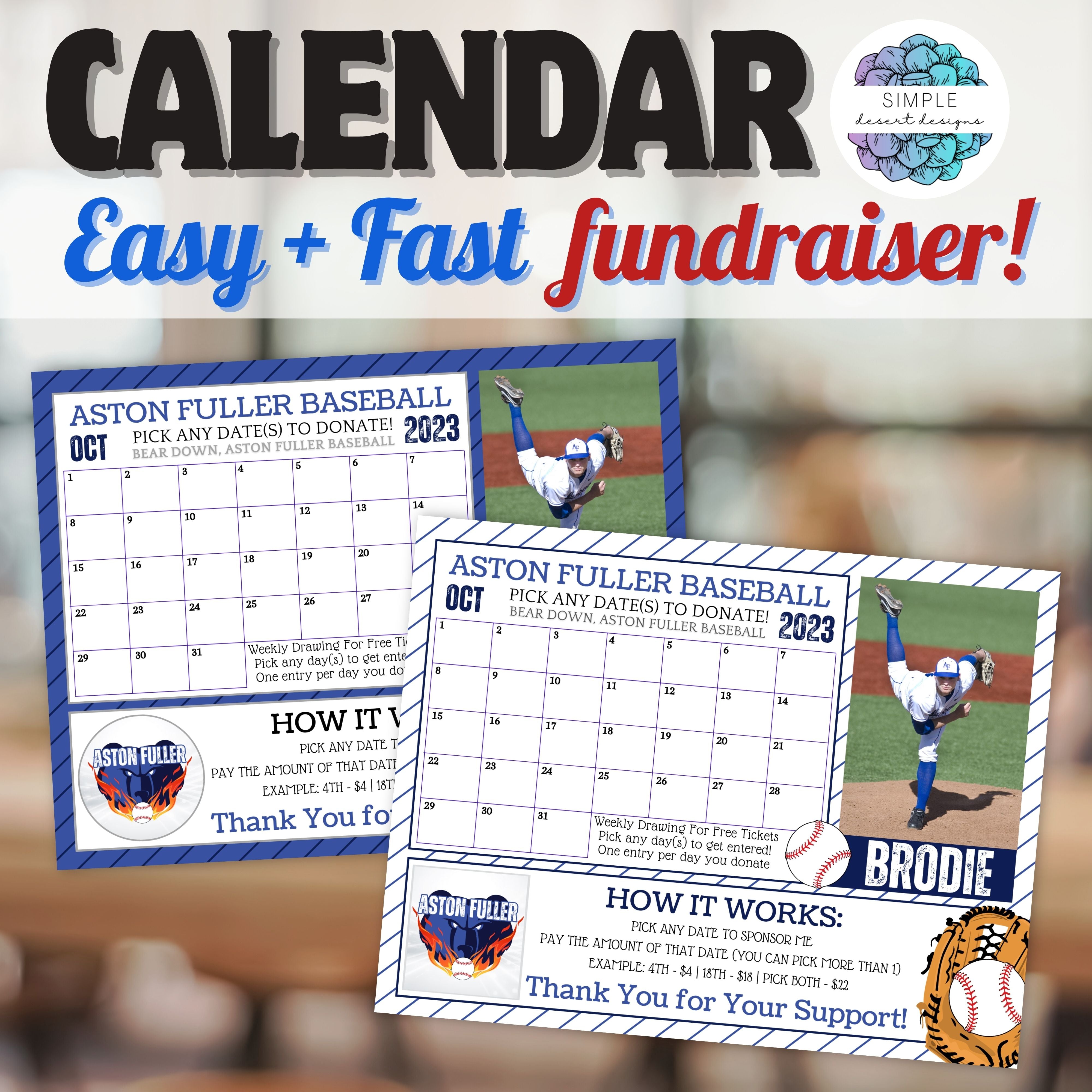calendar fundraiser template for baseball team with customizable colors