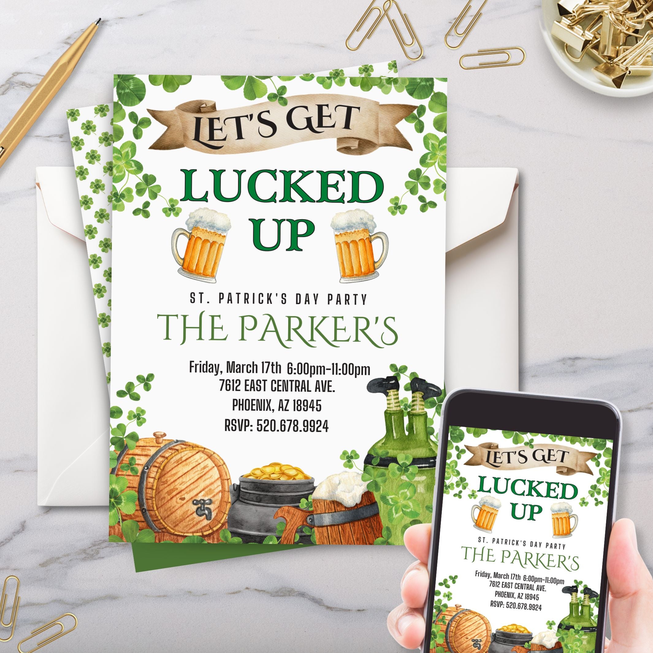 St. Patrick's Day party invitation with beer mugs, leprechauns, and shamrocks on a marble surface.