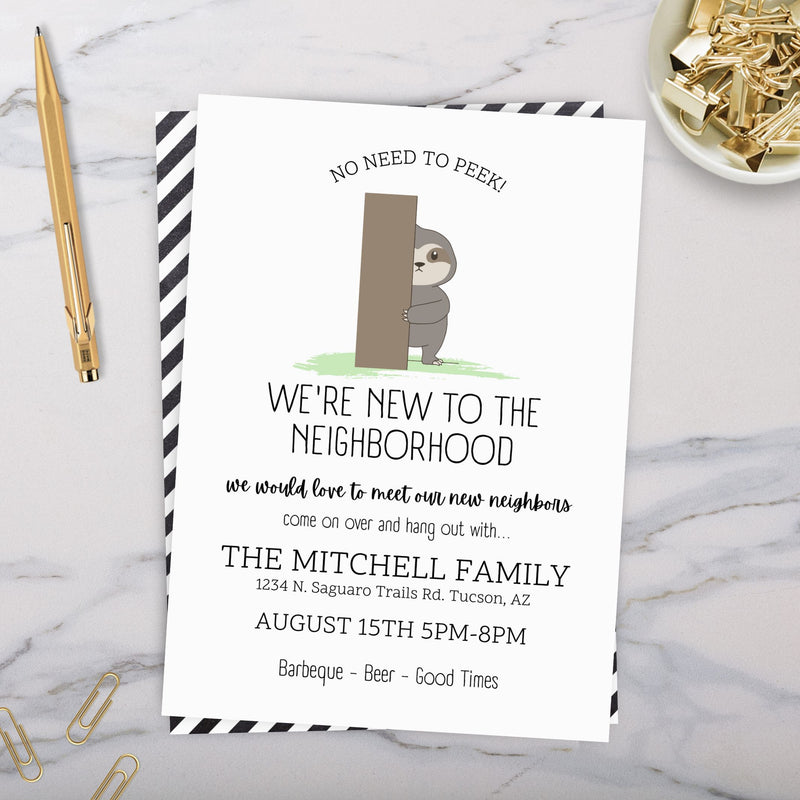 funny sloth peeking around fence nosy neighbors housewarming party invitation