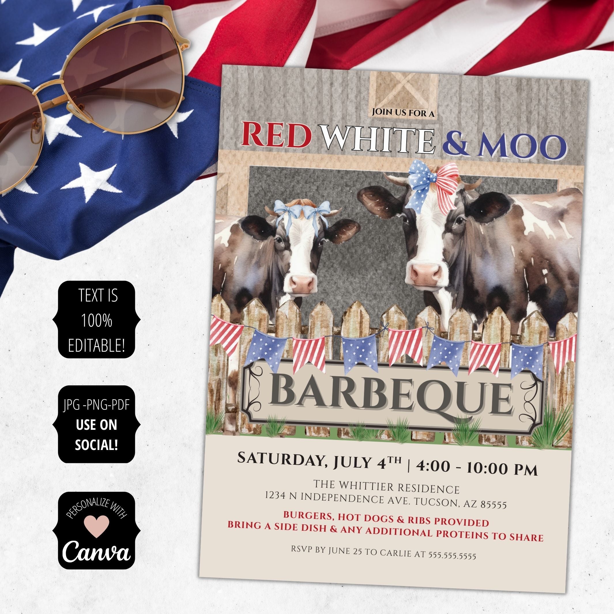 printed red white and moo texas barbeque rth of july patriotic party invitation