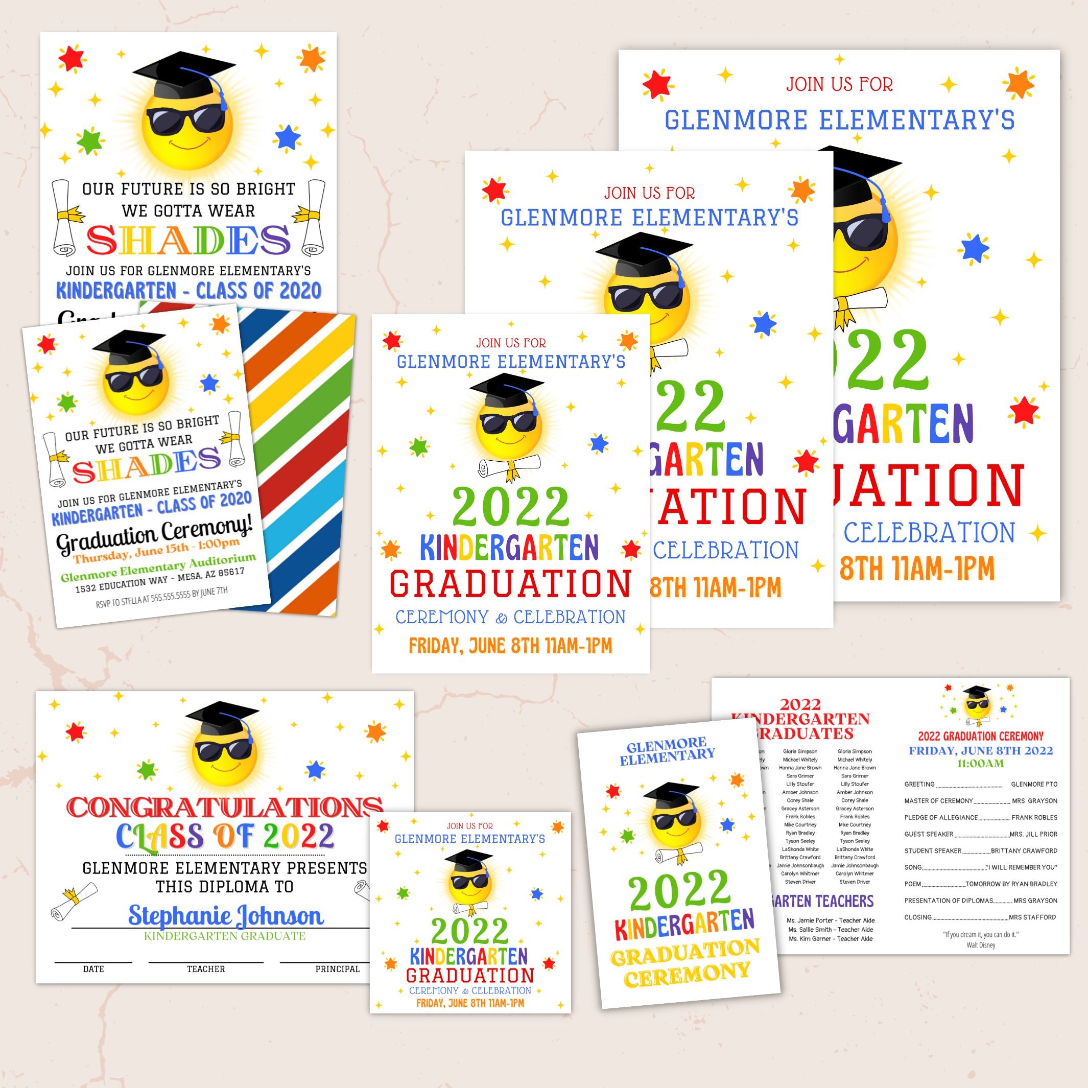 all in one printable and editable future is bright kindergarten graduation event bundle with invitation, flyers, posters, certificate, social media template and program templates with sun wearing shades or sunglasses and diploma in bright primary color scheme