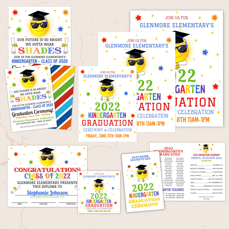 all in one printable and editable future is bright kindergarten graduation event bundle with invitation, flyers, posters, certificate, social media template and program templates with sun wearing shades or sunglasses and diploma in bright primary color scheme