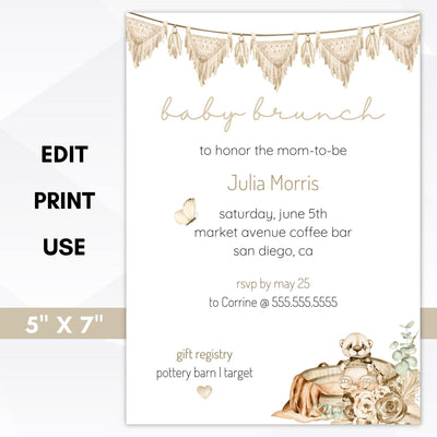 editable boho bohemian baby shower invitation