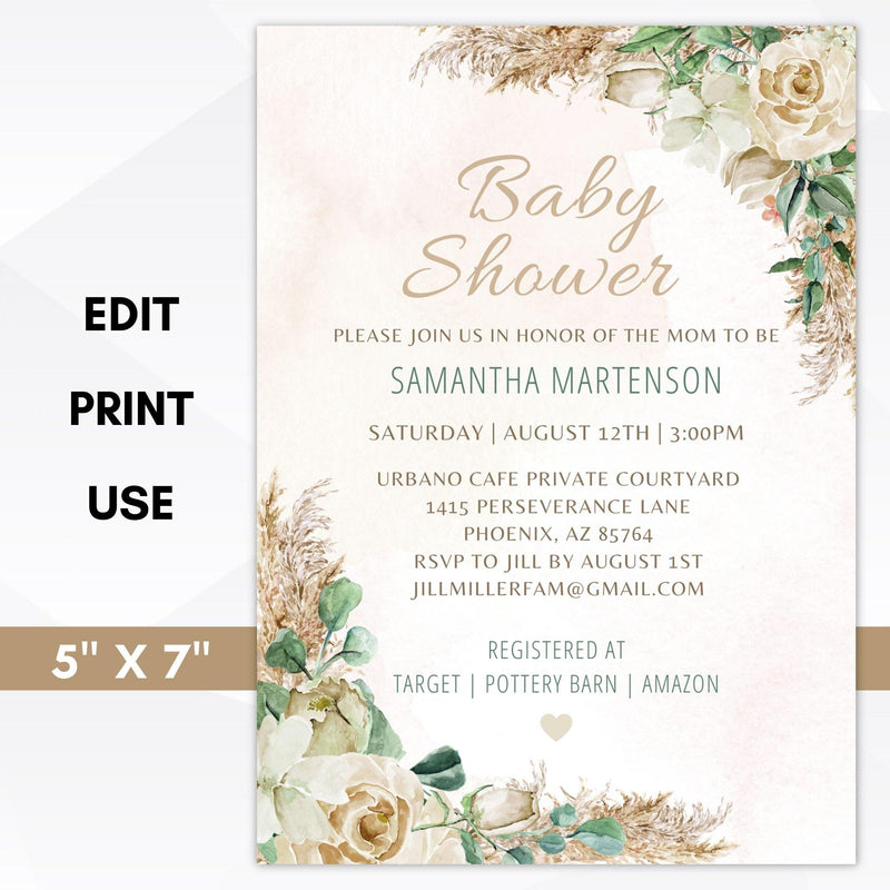 editable boho pampas grass baby shower invitation