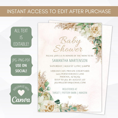 gender neutral pampas grass baby shower invitation 