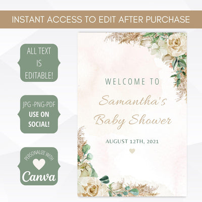 boho pampas grass baby shower welcome sign