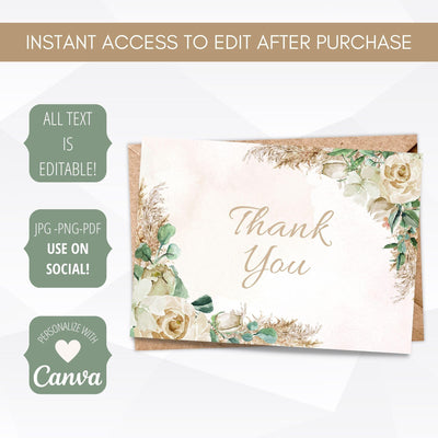 boho pampas grass baby shower thank you card template