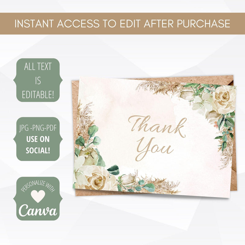 boho pampas grass baby shower thank you card template