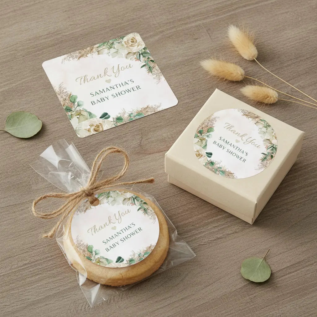 Baby shower favor items including a cookie, card, and box with personalized labels featuring neutral floral and greenery design on a wooden surface.