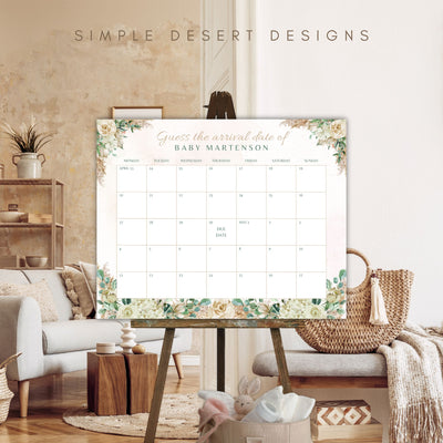 customizable gender neutral floral boho baby shower due date calendar game on easel at baby shower party