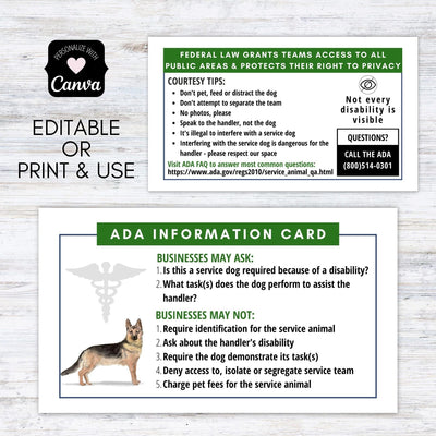 ADA law cards for service dogs and service teams