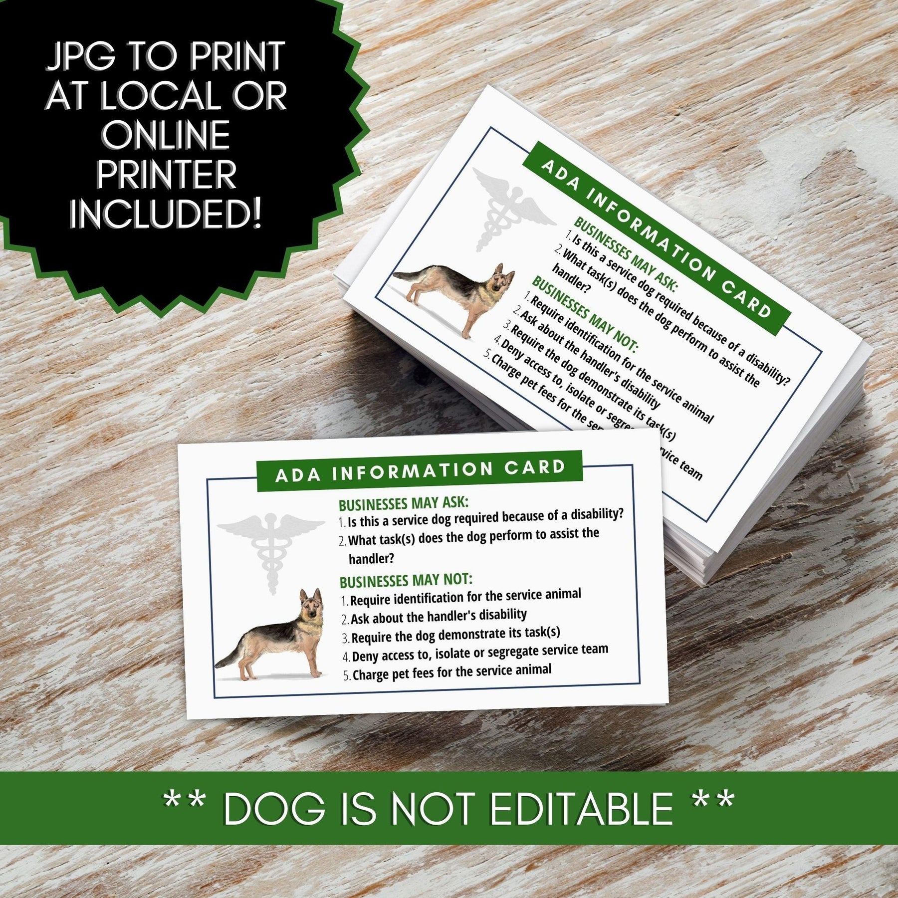 Service Dog ADA Law Information & Rights Card - Hard Plastic ID Card For Access & Travel