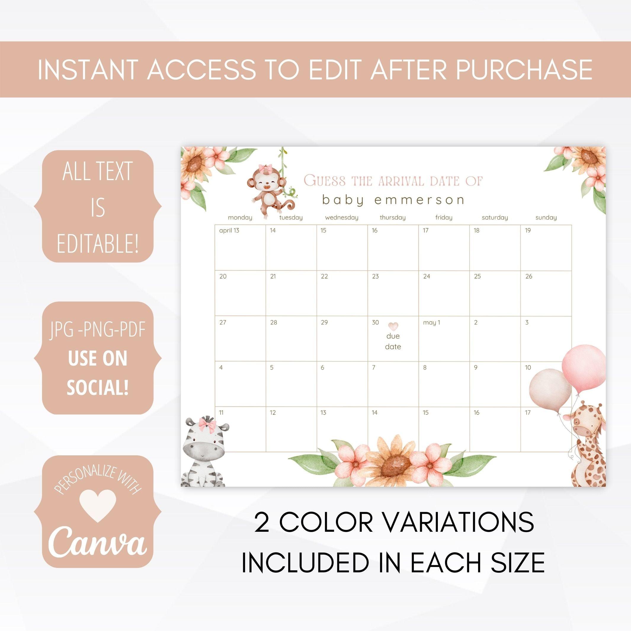 baby girl safari baby shower due date calendar template