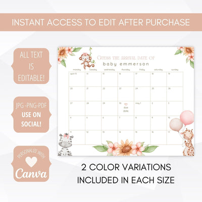 baby girl safari baby shower due date calendar template