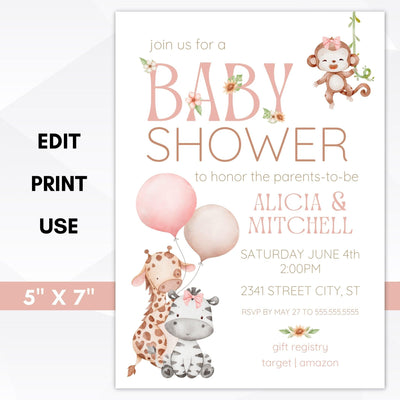 baby girl safari baby shower invite editable template