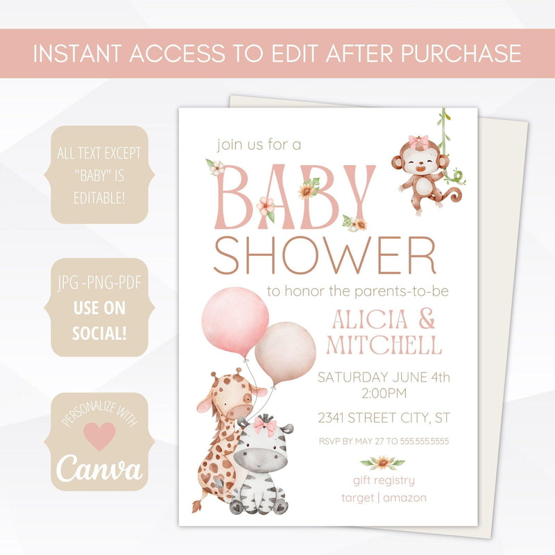 pink floral greenery baby shower invite