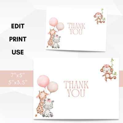 baby girl safari baby shower thank you cards editable template