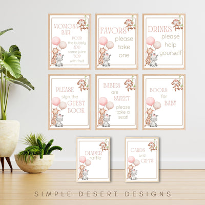 cute set of safari themed baby shower signs in frames for sweet baby girl shower