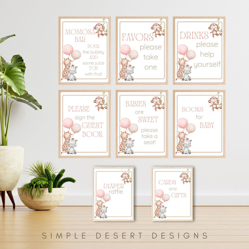 cute set of safari themed baby shower signs in frames for sweet baby girl shower