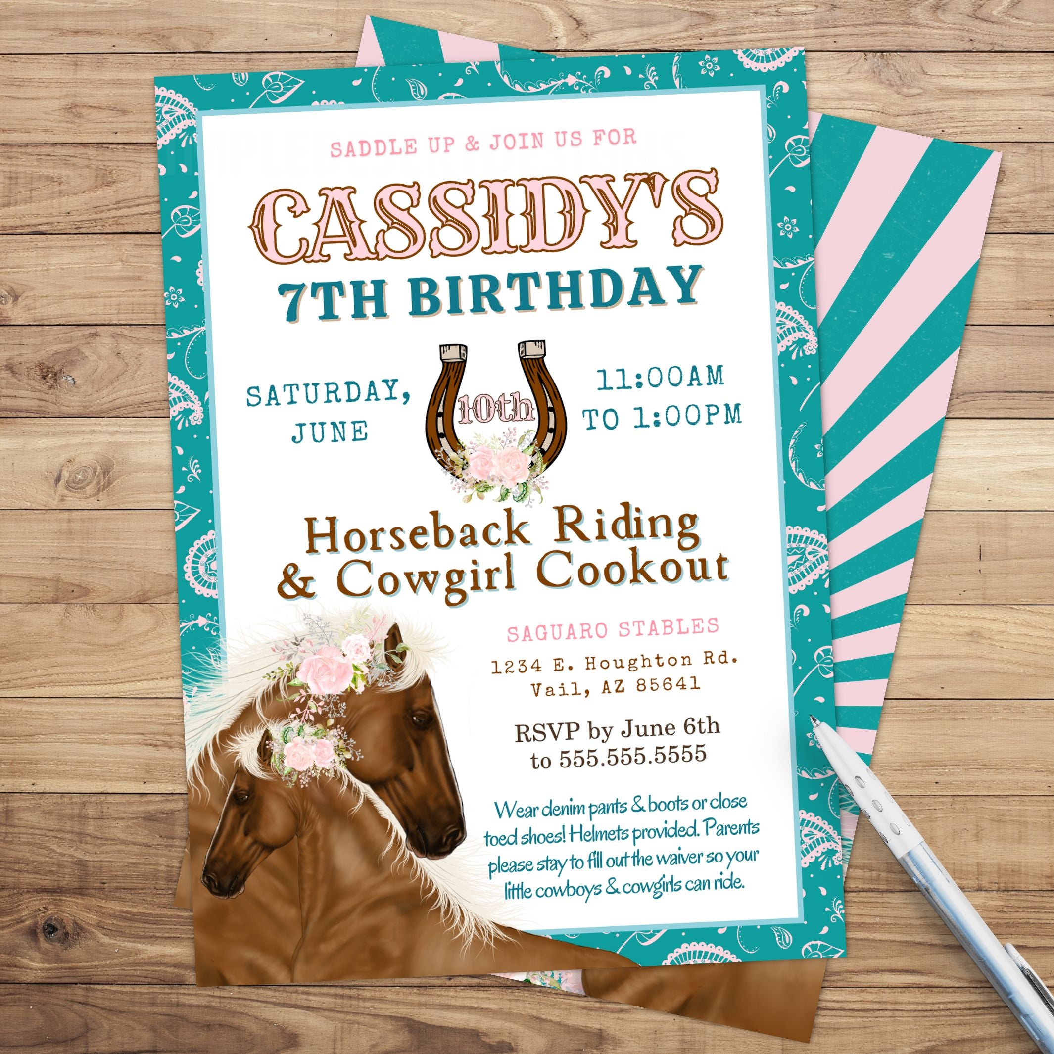 Birthday invitation for a horseback riding and cowgirl cookout on a wooden surface