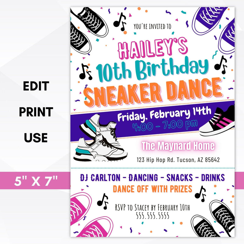girls sneaker dance birthday party invitation