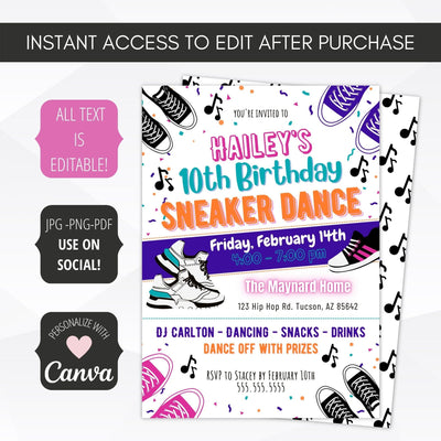 girls hip hop sneaker dance party invite